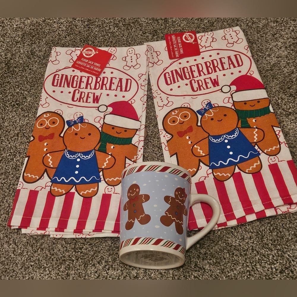 Gingerbread Kitchen Towels and Mug Set Christmas Gift Idea